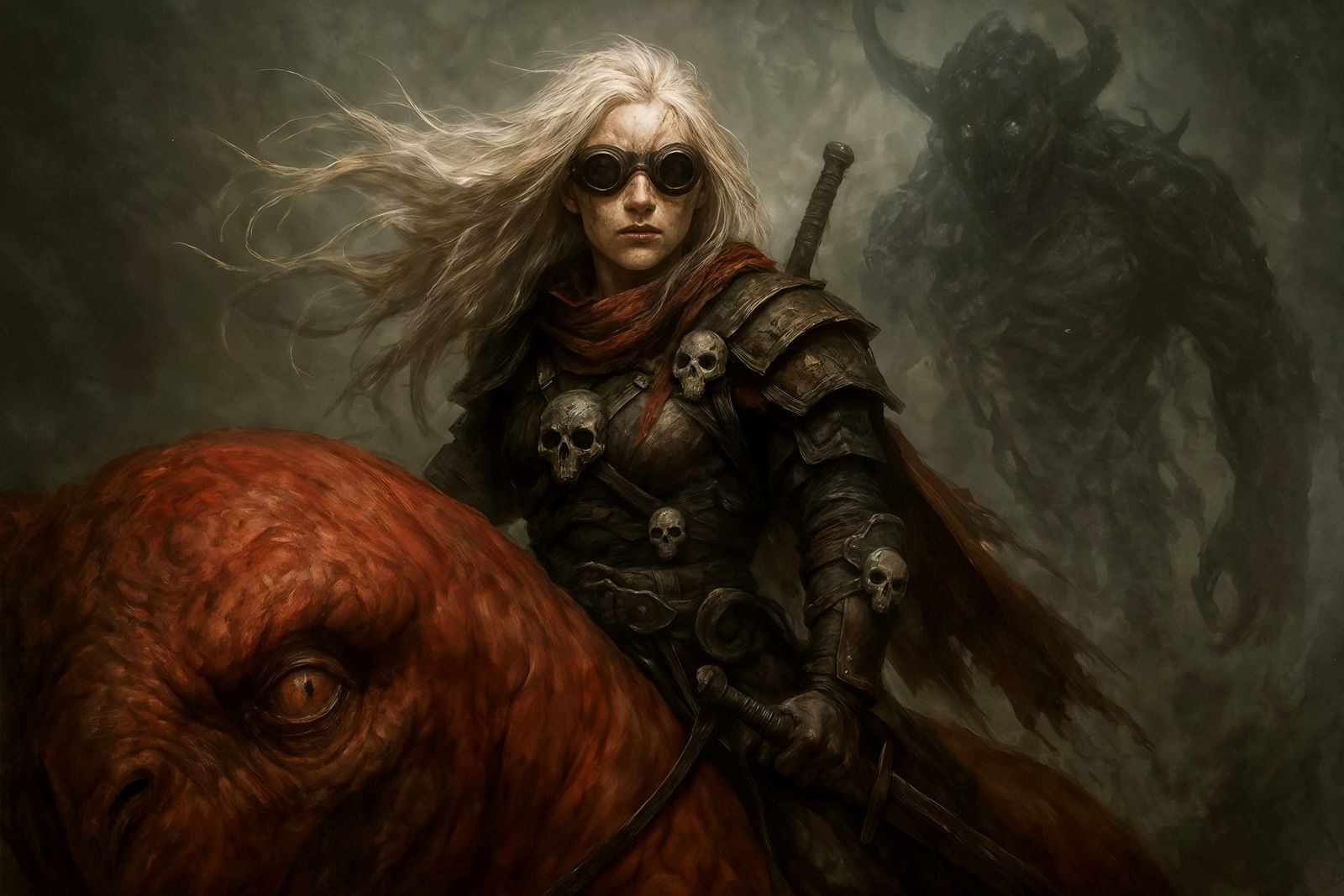 Crimson Beast Rider in Misty Fantasy Landscape