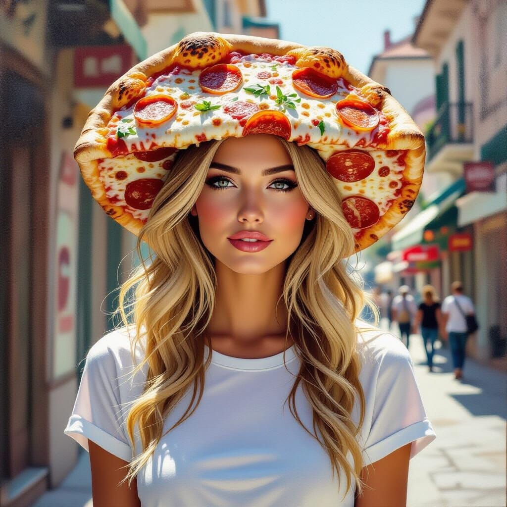 Woman Wearing a Pizza Hat in Detailed Street Scene Painting
