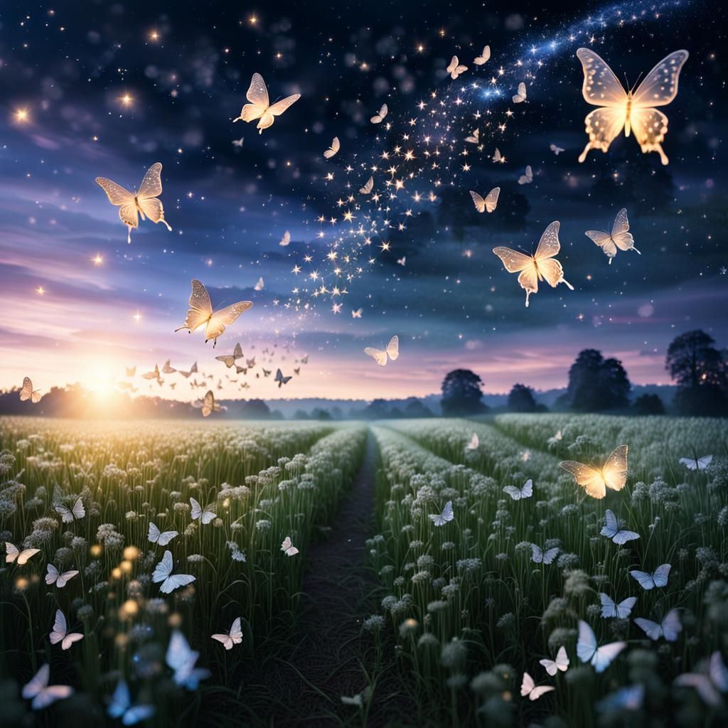 Ethereal Stardust Butterflies in Twilight Field