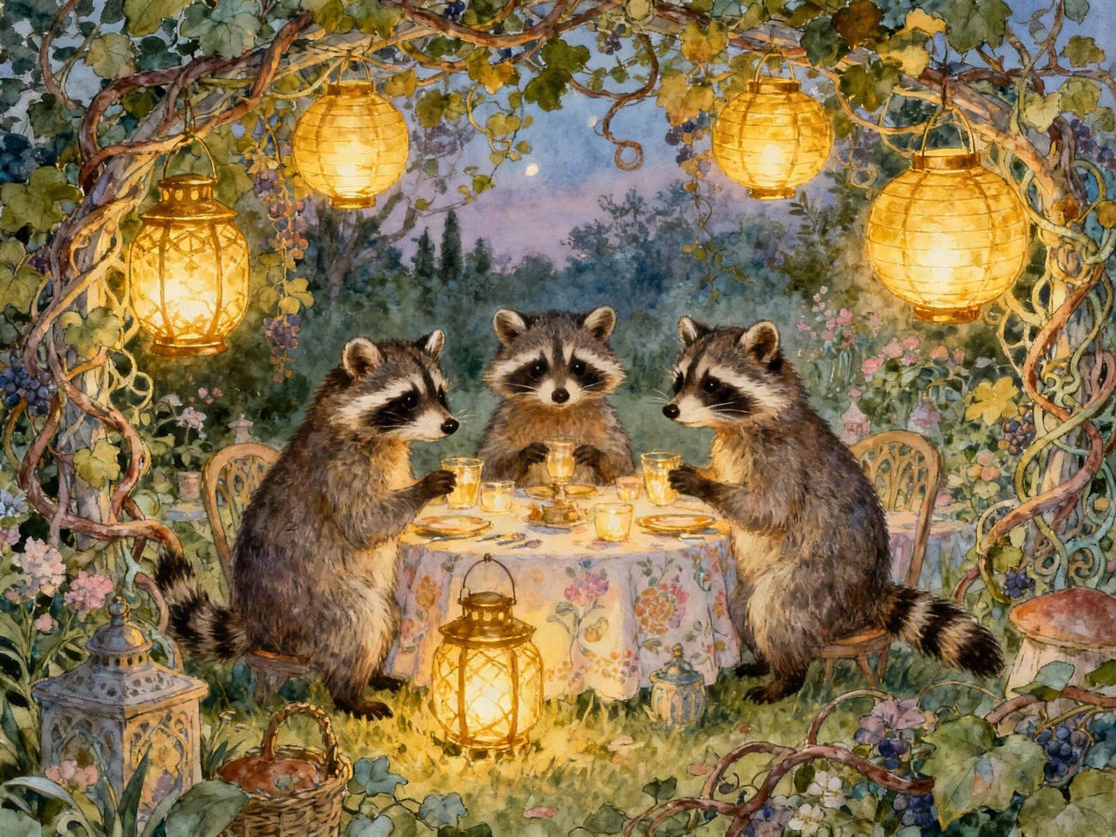 Raccoons Garden Party With Glowing Lanterns