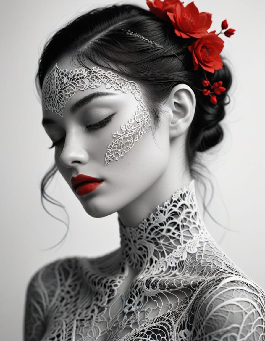 Elegant Portrait of a Young Woman in Intricate Black and Whi...