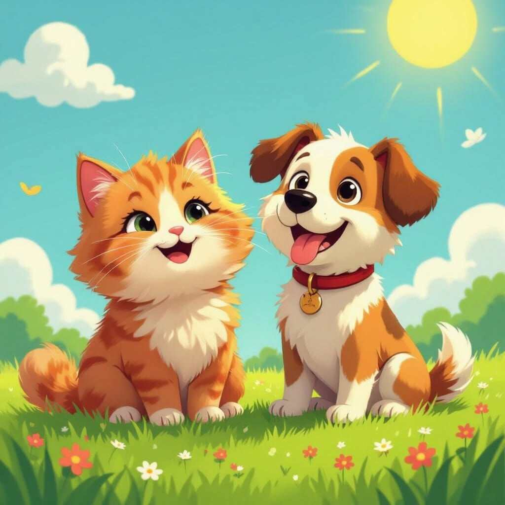 Smiling Cat and Dog on Sunny Grass in Whimsical Cartoon Styl...