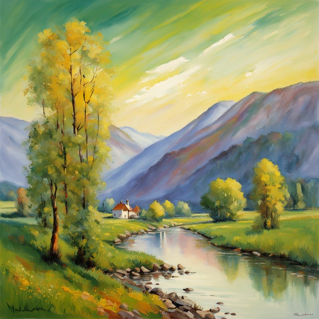 Impressionist Landscape Painting with River and Mountains