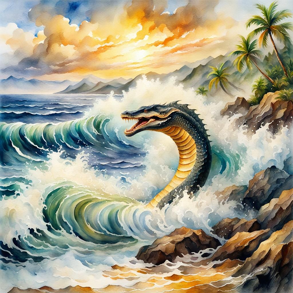 An epic sea serpent breaching turbulent waves.  Scenic tropical coastline in background. Wet brush, Watercolor, ink on p...