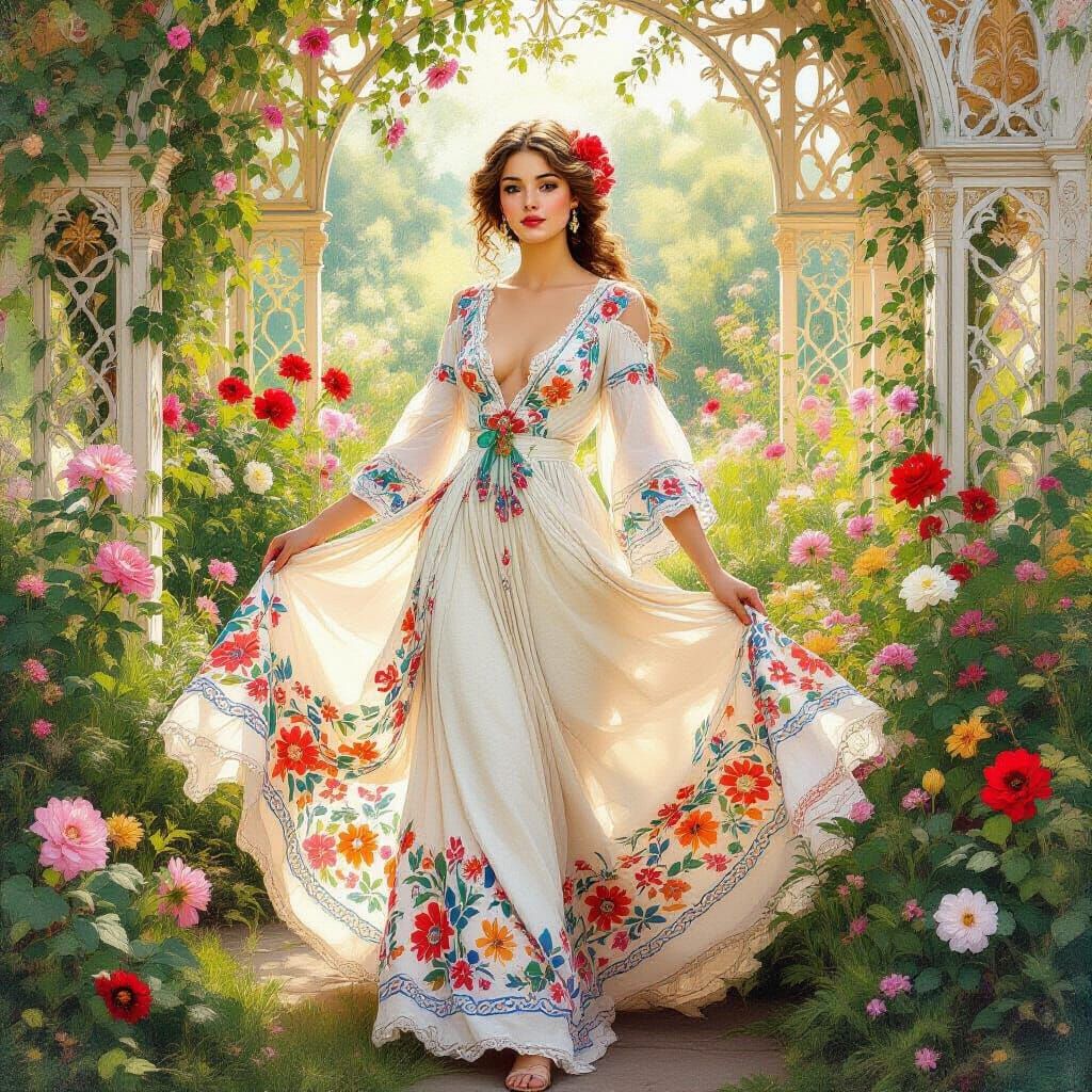 Woman in Garden Portrait, Baroque Architecture, Ethereal Lig...