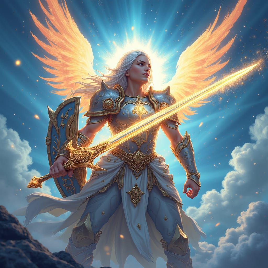 Anime Warrior of Light in Full Armor with Radiant Shield and...