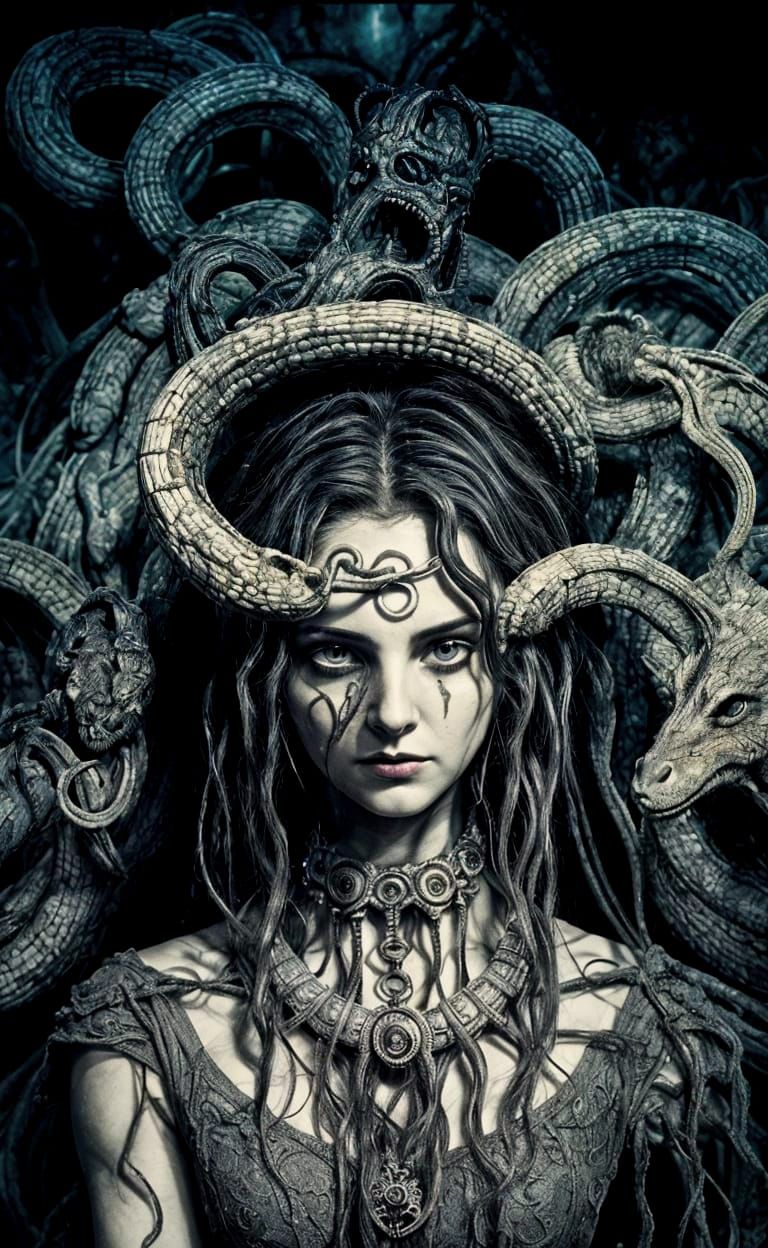 Edgy Monochromatic Medusa Photo Collage