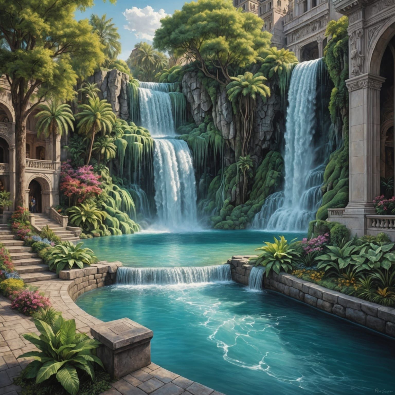 Hyperdetailed Chalk Art Waterfall Lagoon