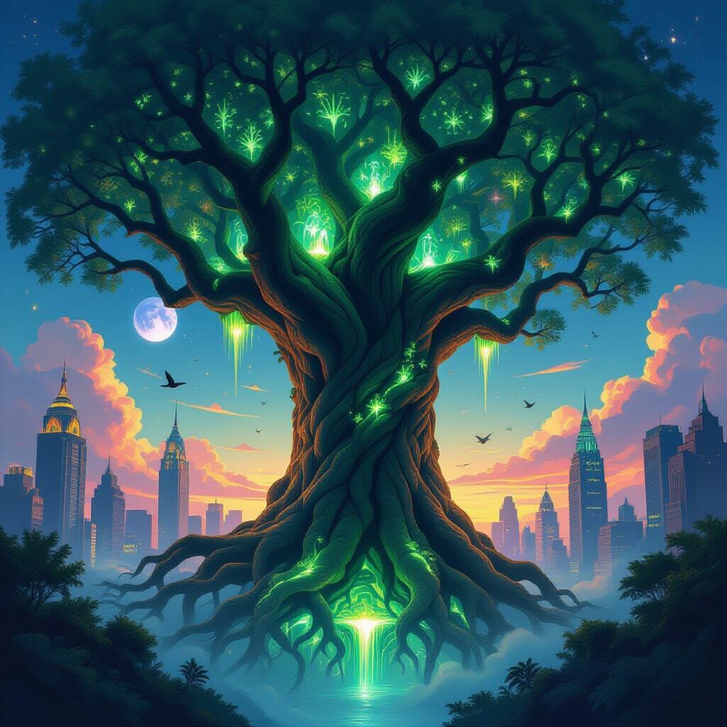 Ancient Tree Roots in Art Deco City at Twilight