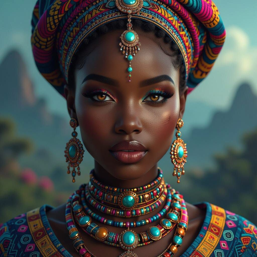 Hyperrealistic African American Woman in Colorful Traditiona...