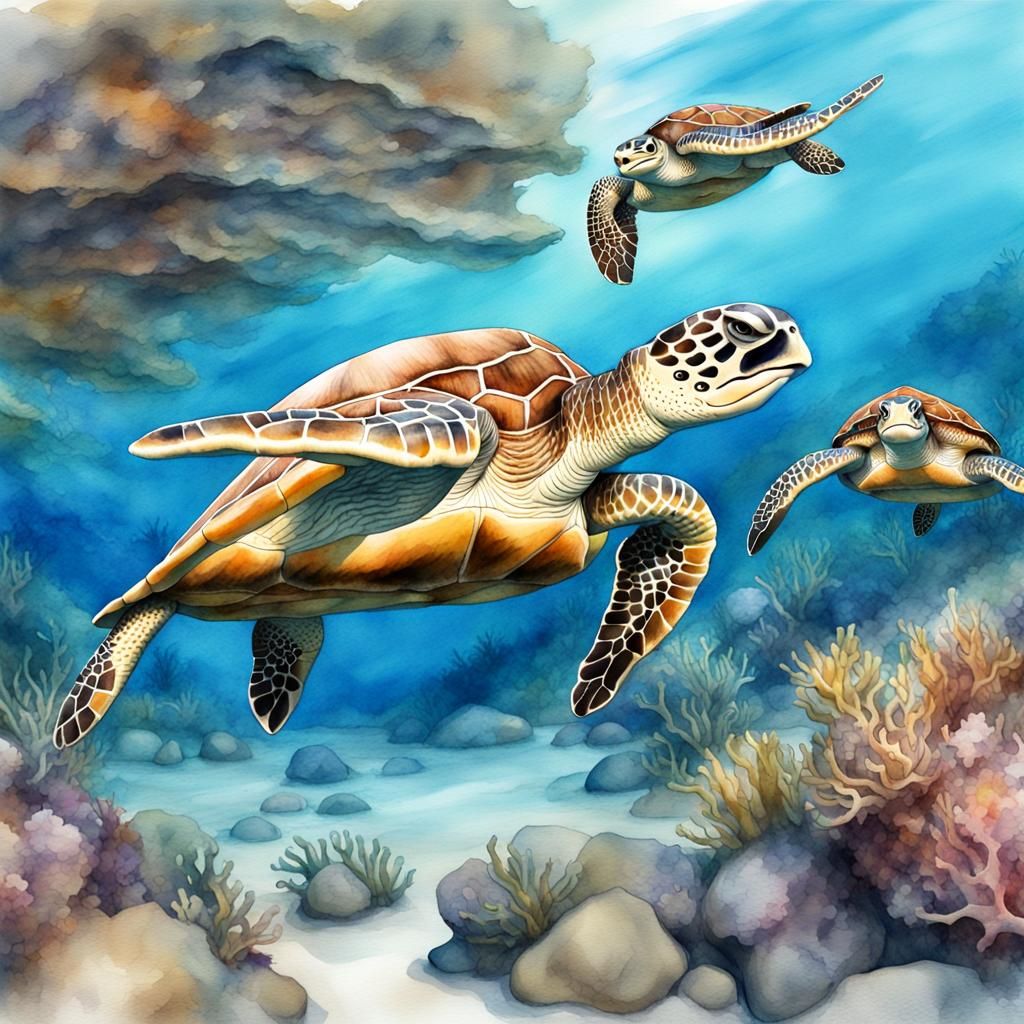 Sea Turtles Swimming: Watercolor Reef Scene