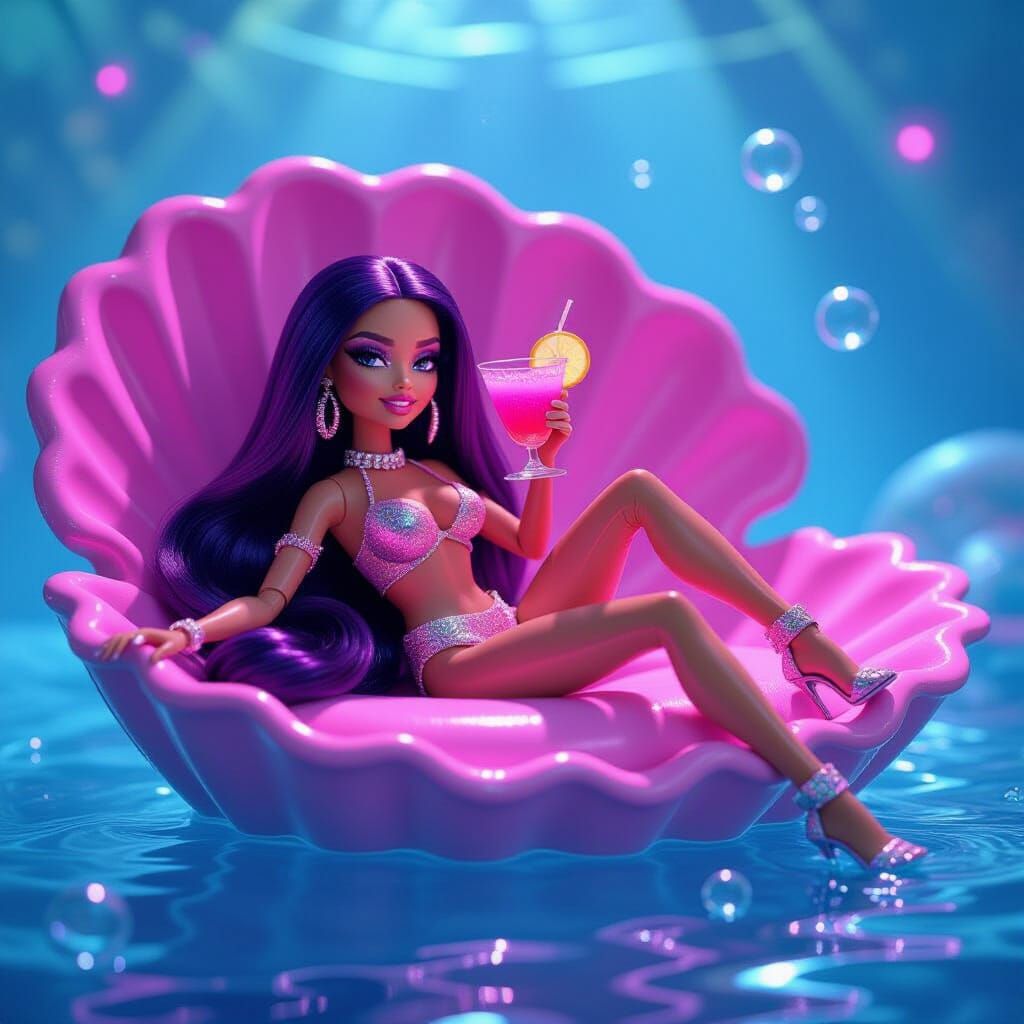 Bratz Doll Lounging in Futuristic Seashell Setting
