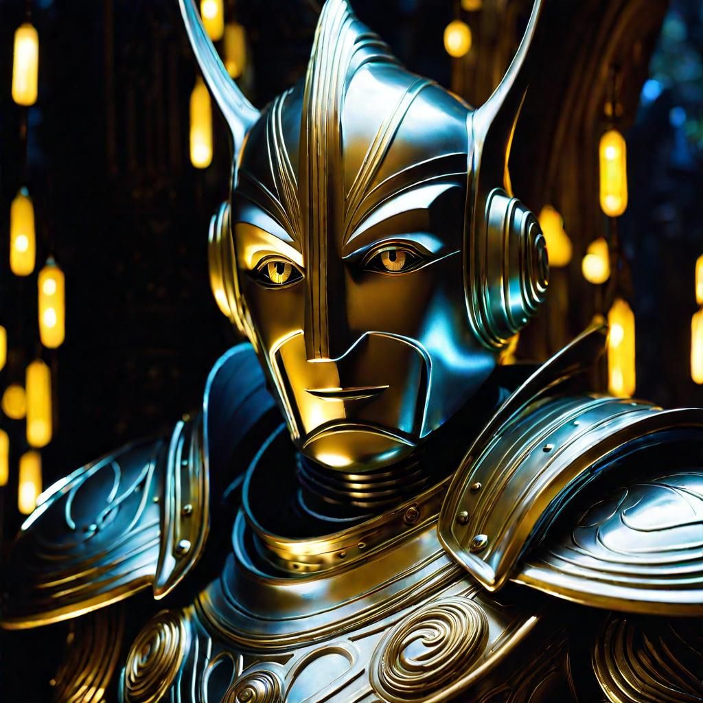 Whimsical Tin Man in Bioluminescent Jungle Temple