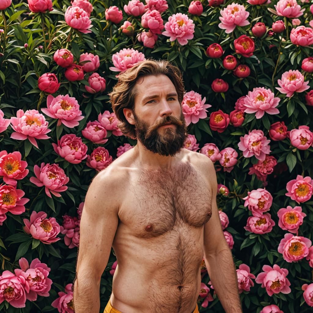 Bearded Man with Peonies in Wes Anderson Style