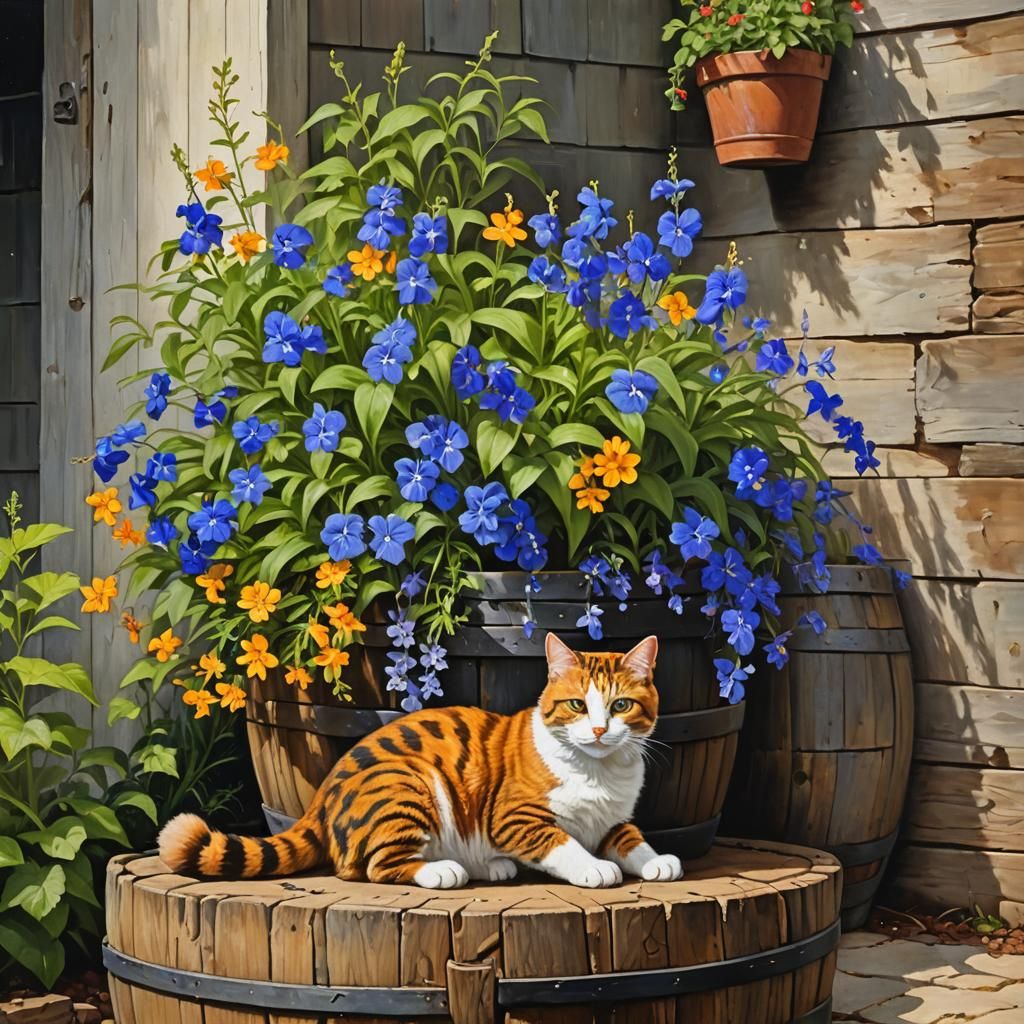 Lobelia Flowers and Calico Cat: Oil Painting