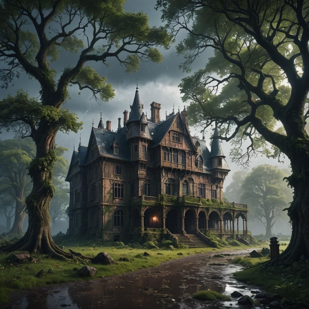 Fairytale Forest Mansion in Rain, Fantasy Concept Art