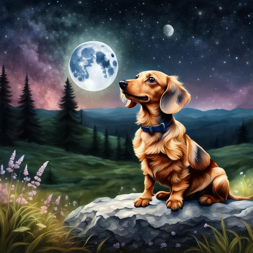 Happy Dachshund Waving Under Moonlight, as Digital Art