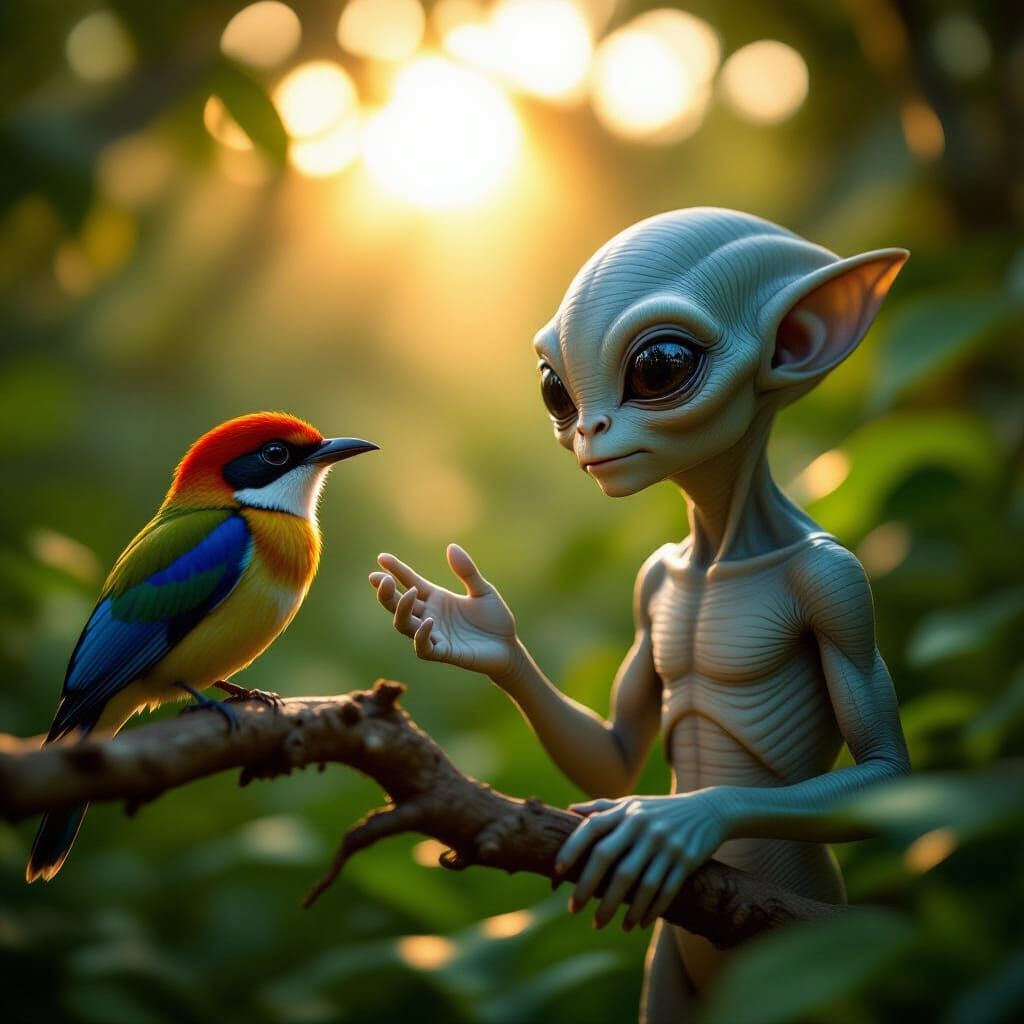 Alien Meets Exotic Bird in Lush Jungle