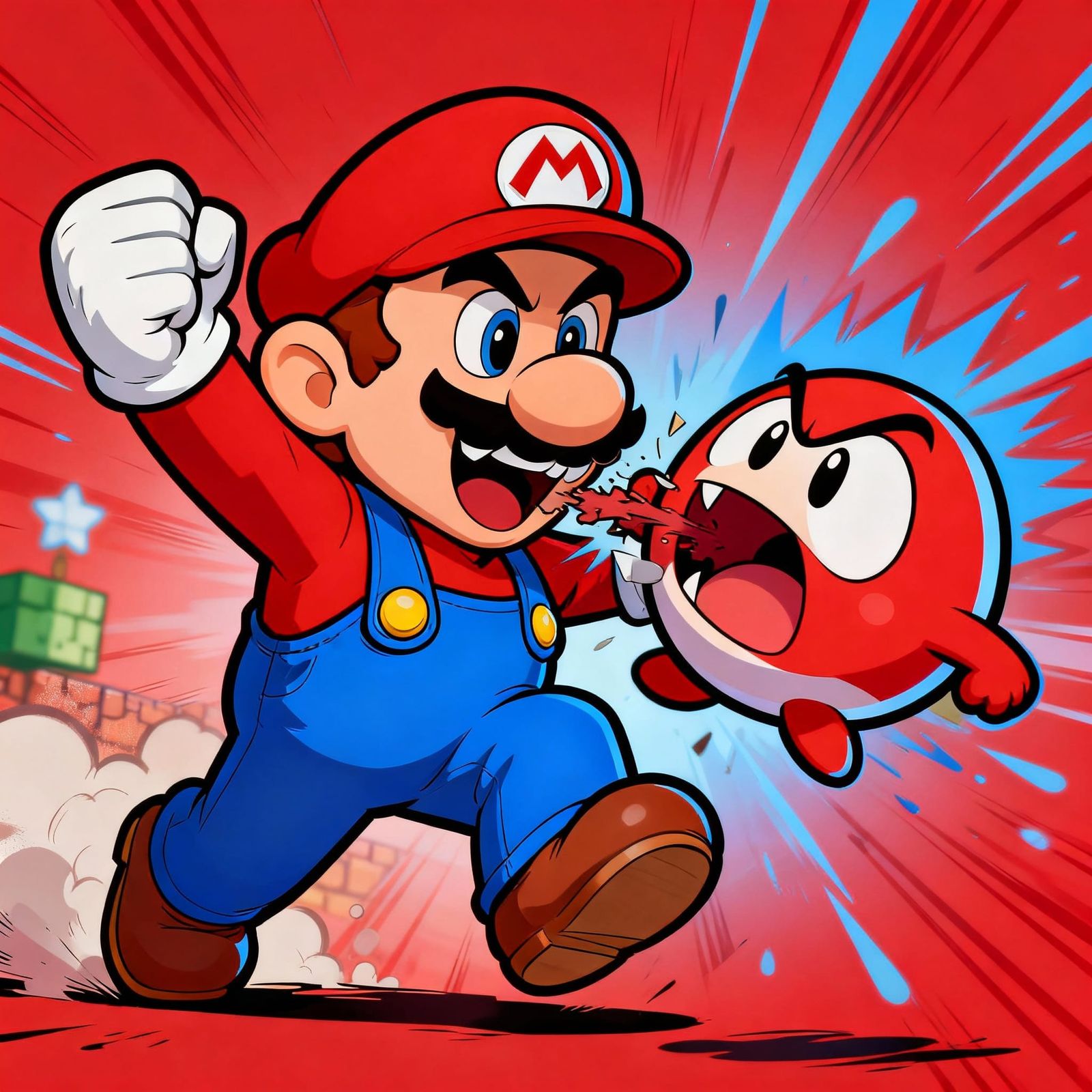 Mario Chowing Down on a Goomba in Classic Cartoon Style