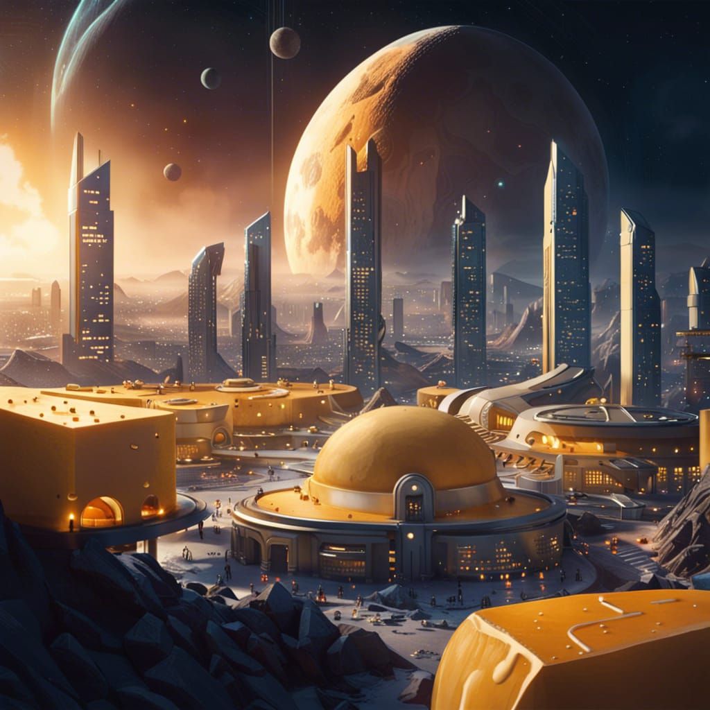 Futuristic Cheese City on a Cheese Moon