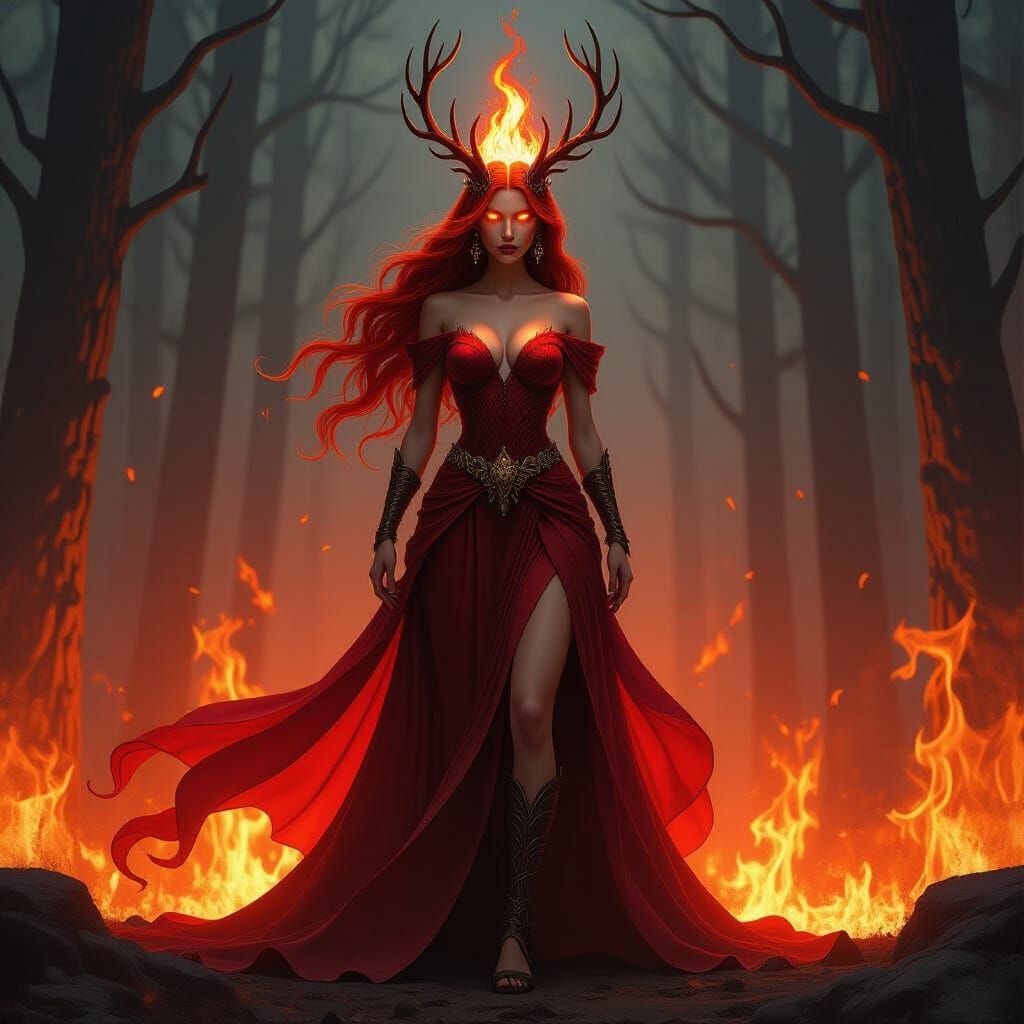 Goddess of Fire in Burning Forest, Dark Fantasy Art