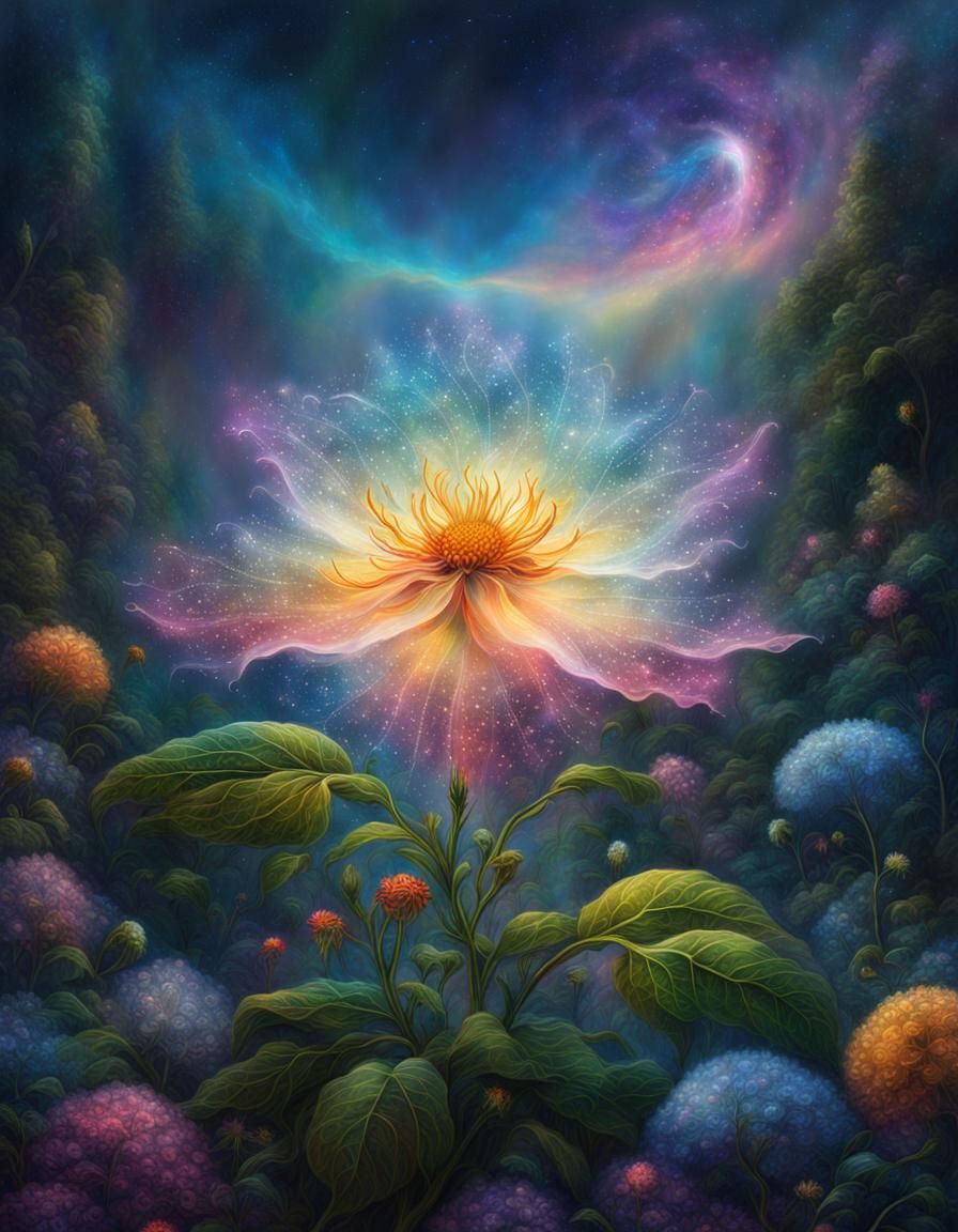 Iridescent Mist Flower, Holographic Cosmic Art