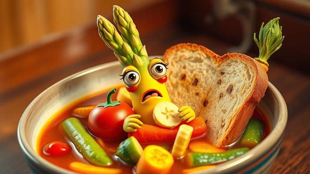 Whimsical Cartoon Kitchen Scene with Frightened Asparagus