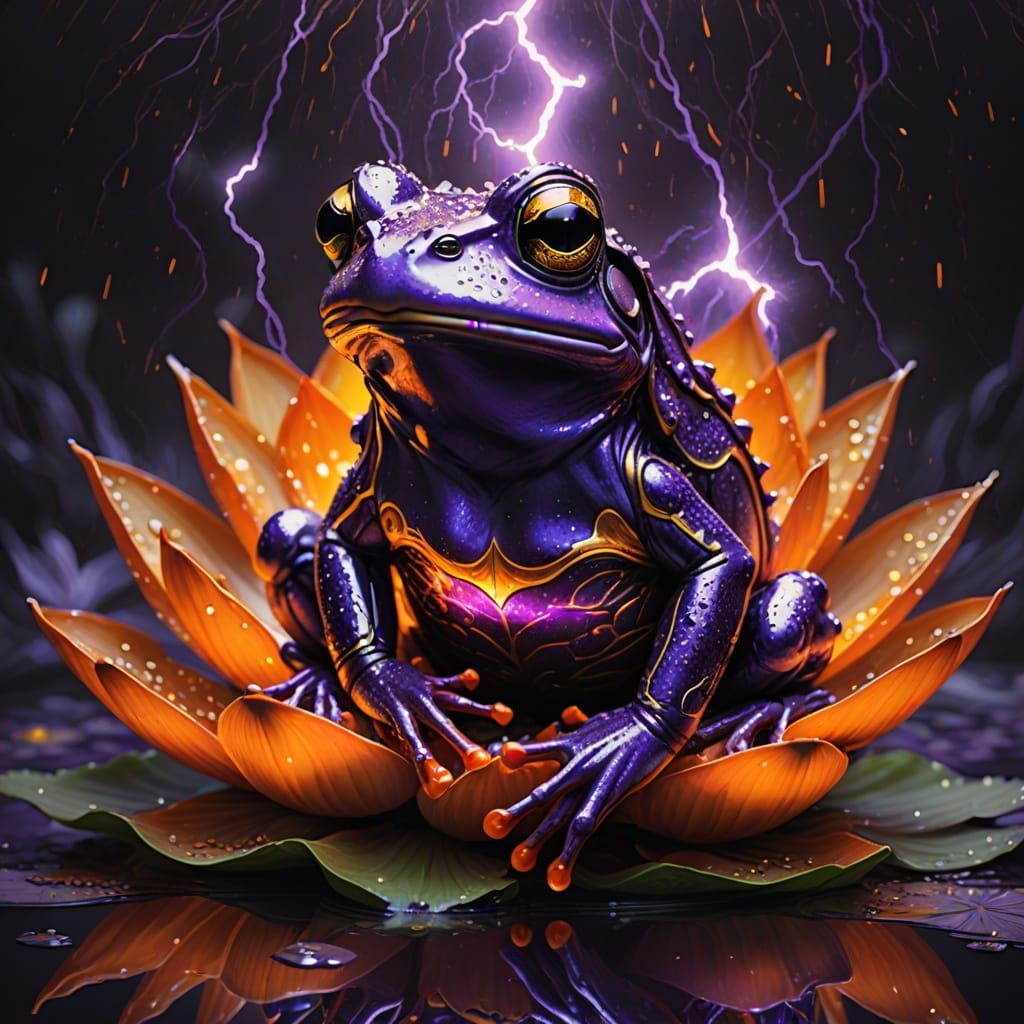 Metallic Frog Prince on a Glowing Golden Lotus