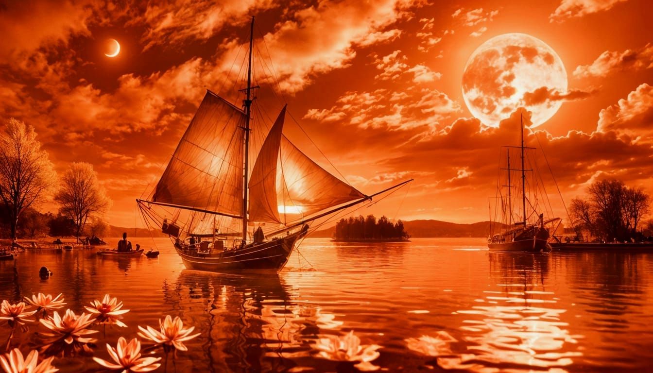 Turquoise and Purple Sailboat of Moonlight and Rose Petals