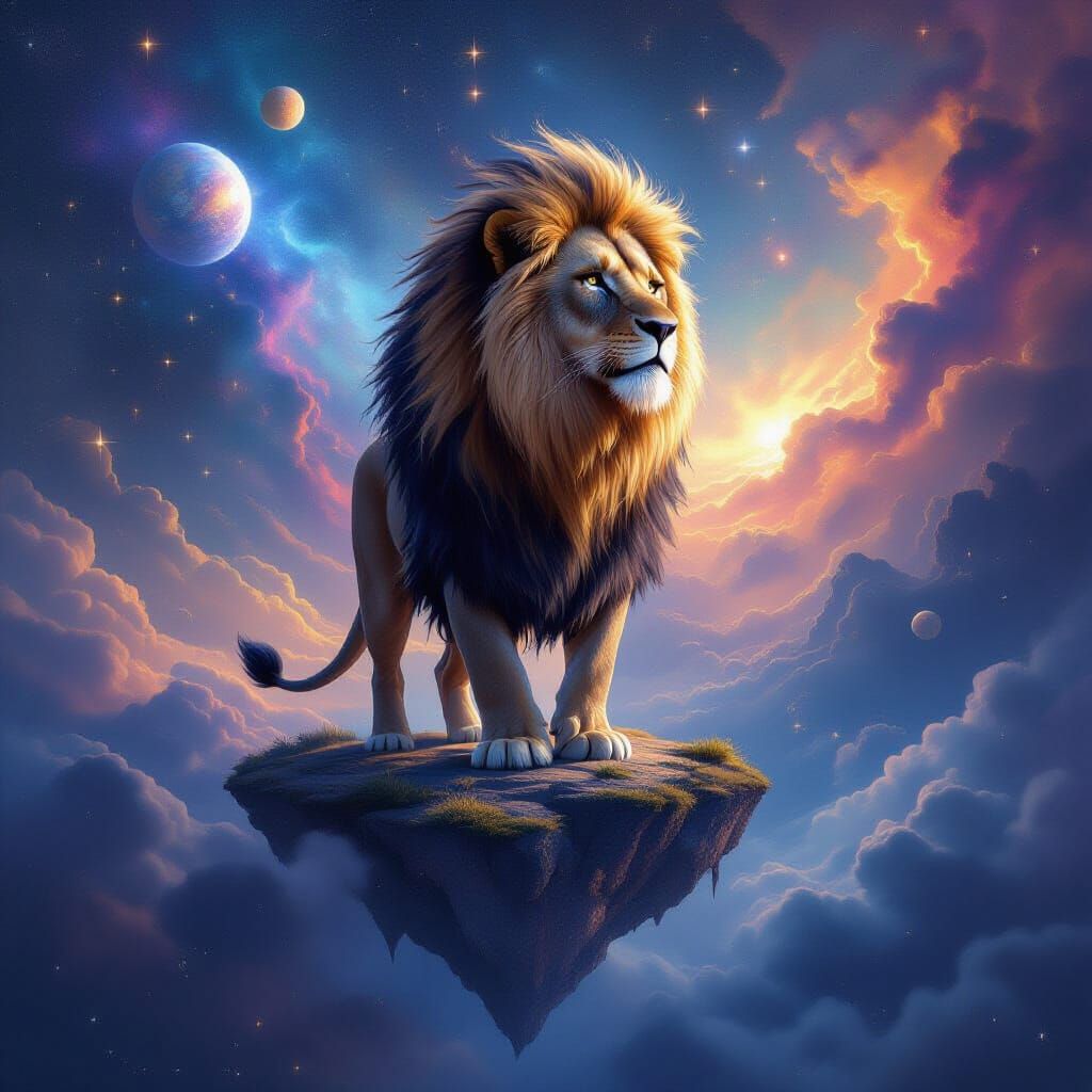 Cosmic Lion on Floating Island in Hyperrealistic Style