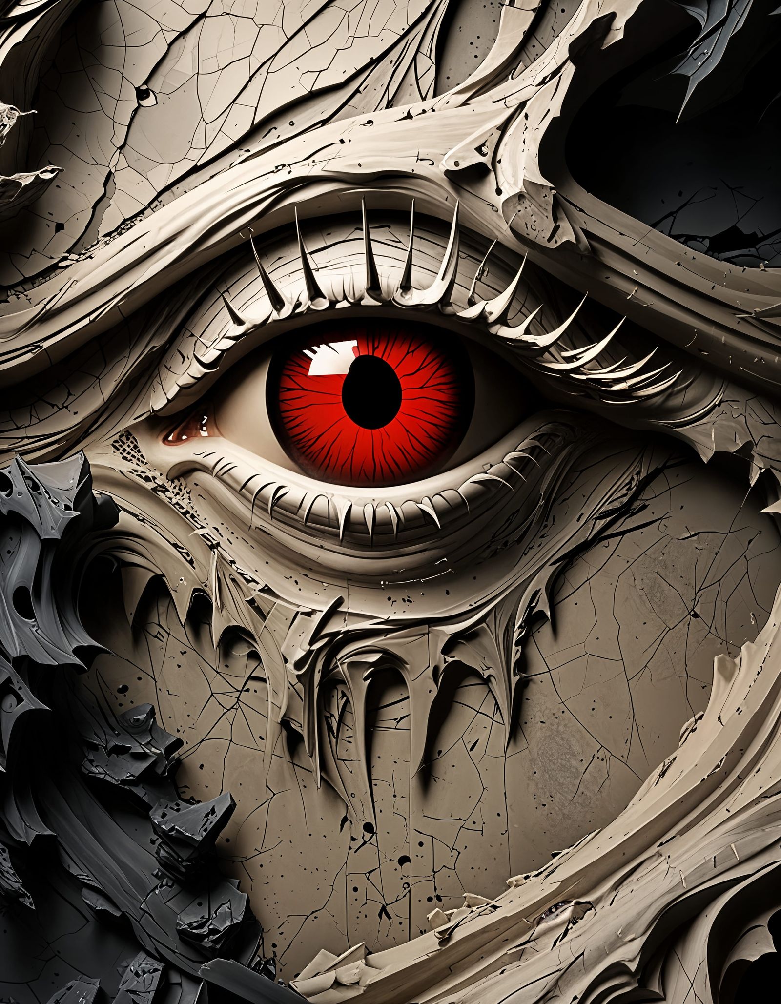 Fiery Eye Erupts Through Wall: Hyper-Realistic Digital Art