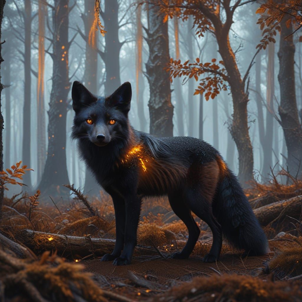 Mysterious Black Fox with Amber Eyes in Forest