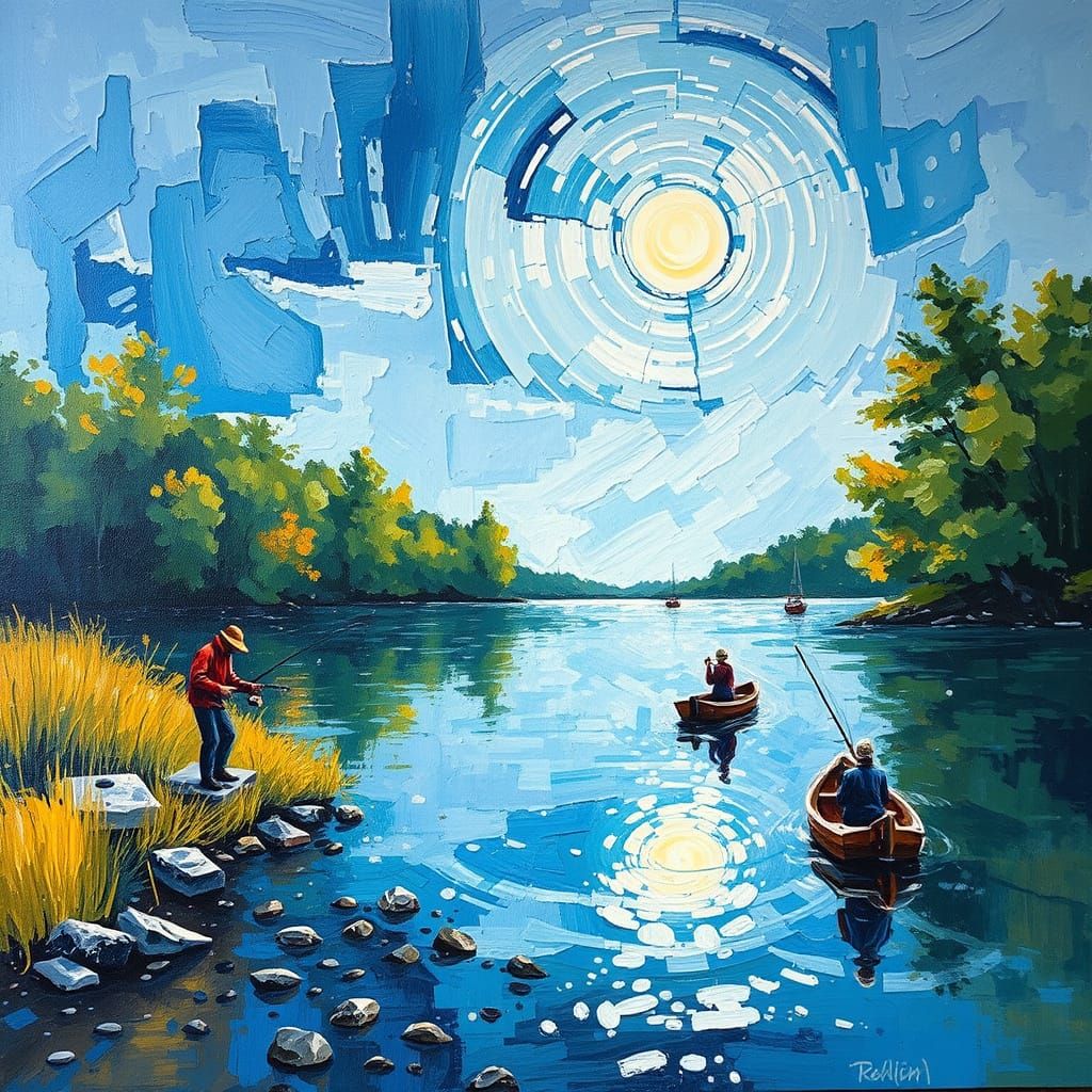 Sunday Afternoon Fishing Scene in Neo-Impressionist Style