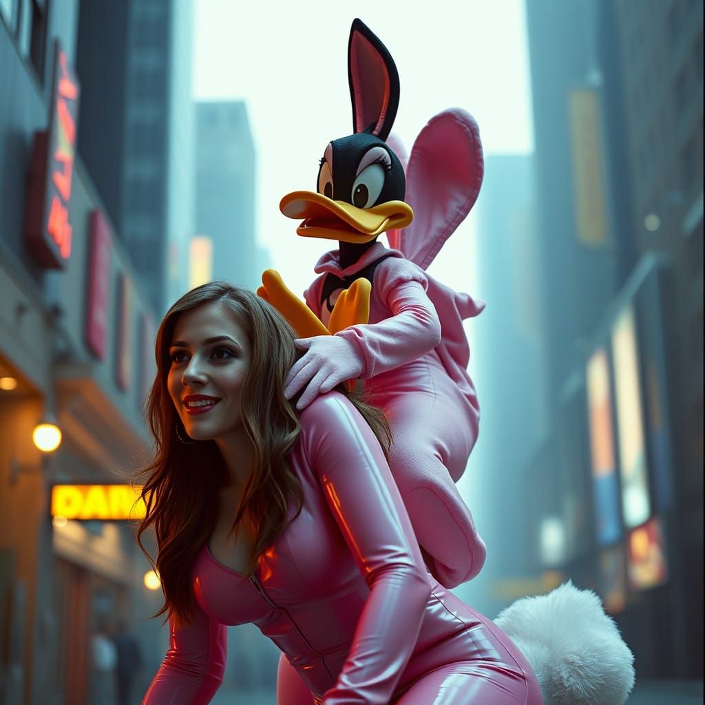Daffy Duck Riding a Giant Pink Bunny Suit Woman in Cinematic...