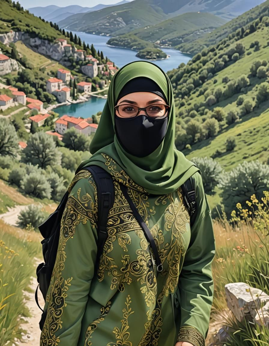 Facemasked Woman Hiking Through Croatian Landscape