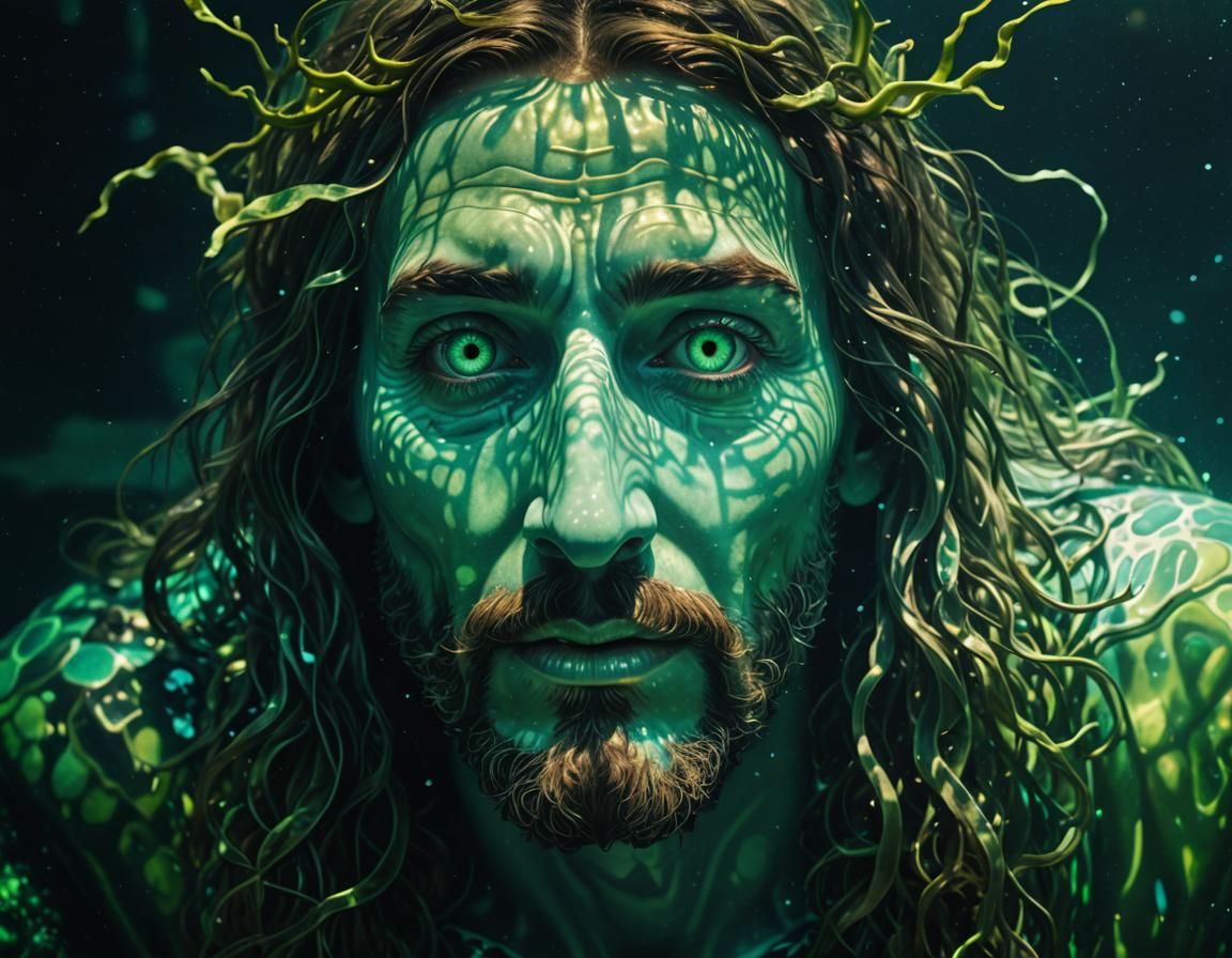 Underwater Christ in Bioluminescent Surrealist Style