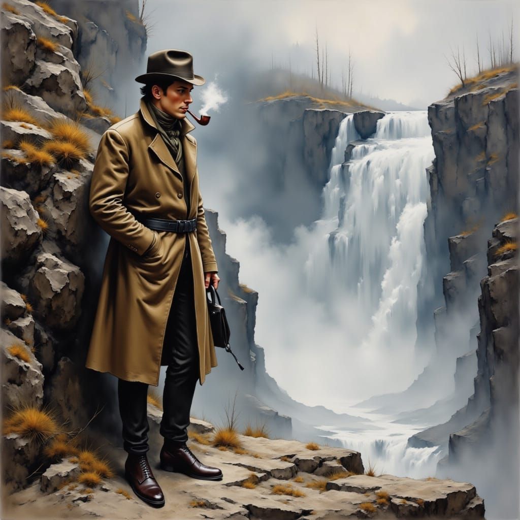 Sherlock Holmes at Reichenbach falls awaiting <lora:Darkness bright:1.0> his fate smokes a last pipe <lora:Classic pinup...
