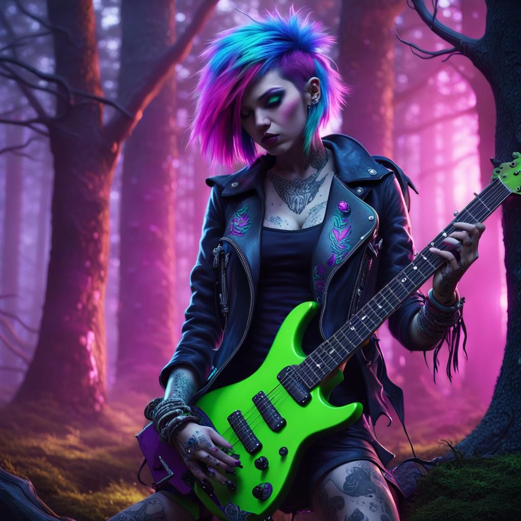 Fairy Punk Rocker in Mystical Forest: Digital Art