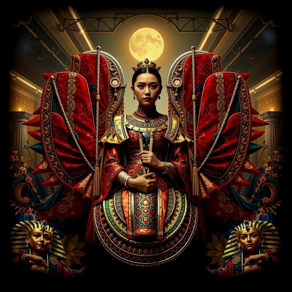 Harlequin, Geisha, Tutankhamun Full Body Photorealistic