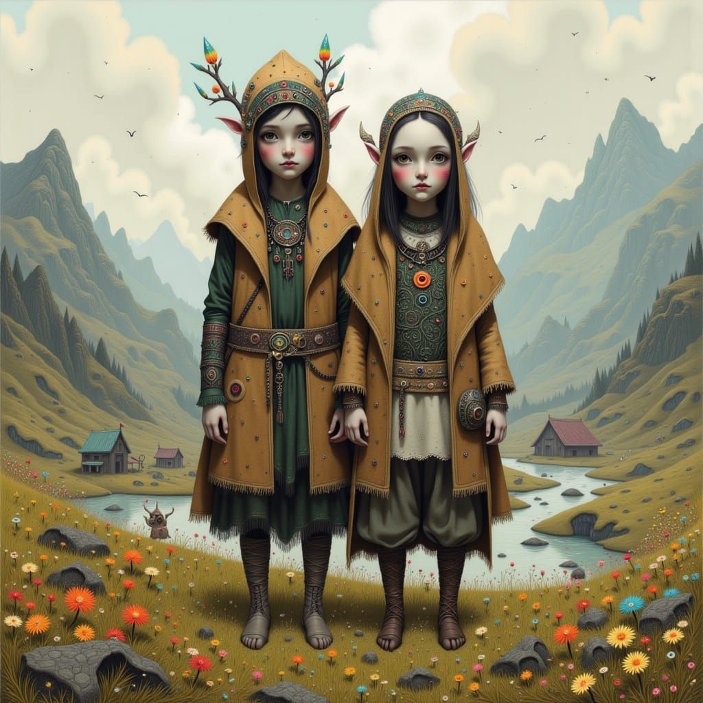 Ask and Embla in Mystical Nordic Landscape