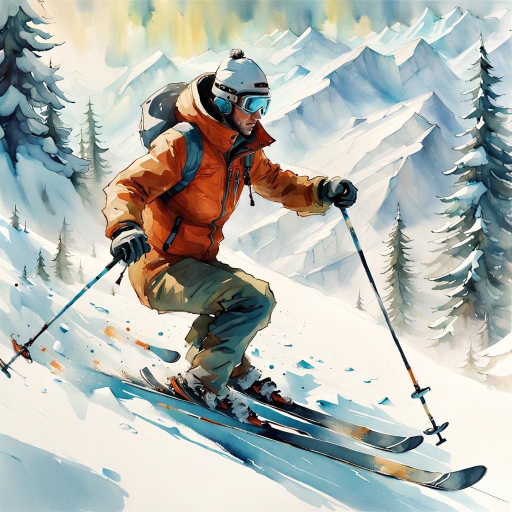 Majestic Winterscape Skiing Illustration in Watercolor Style