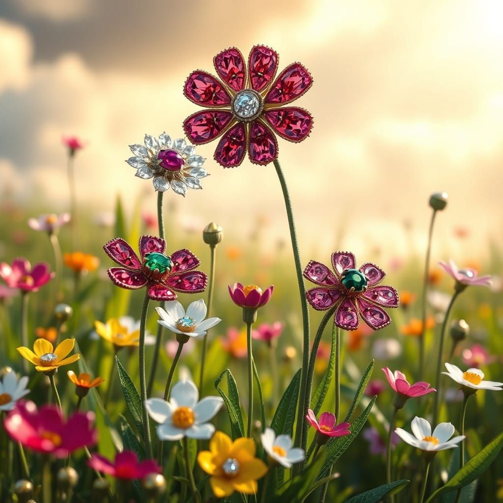 Whimsical Gemstone Garden Blooms Under Soft Sunlight