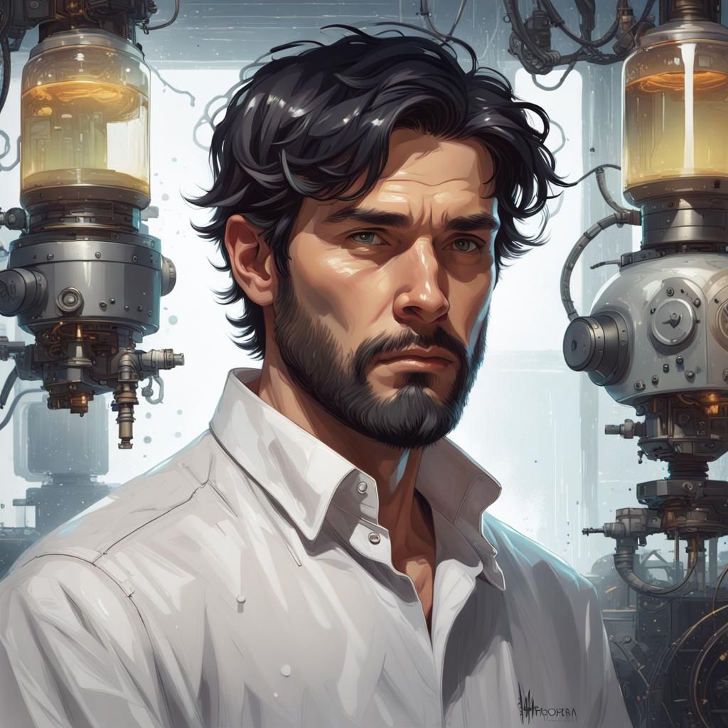 Man in Robotics Lab: Hyperdetailed Portrait