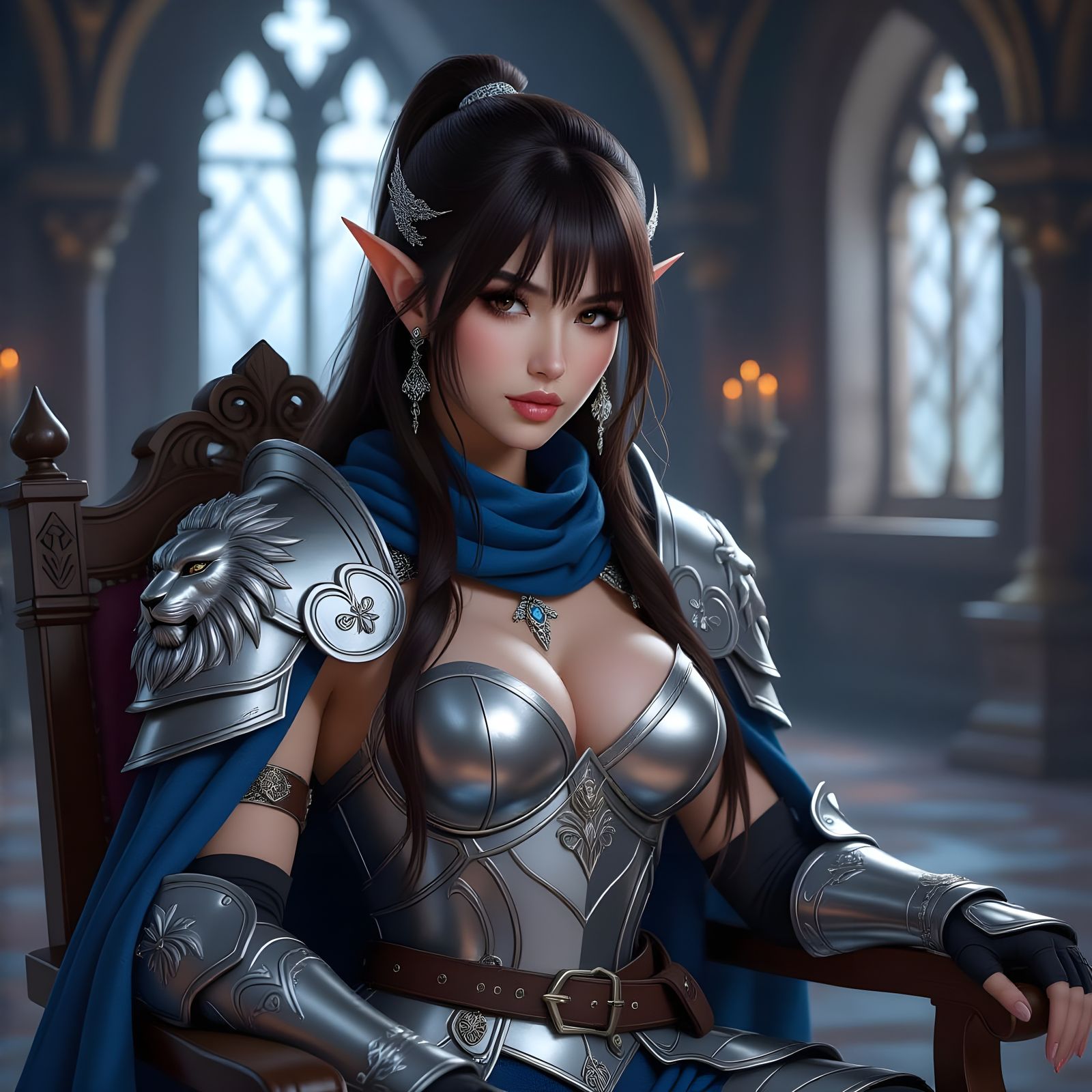 Busty Elf Knight in Crystal Palace: Realistic Portrait