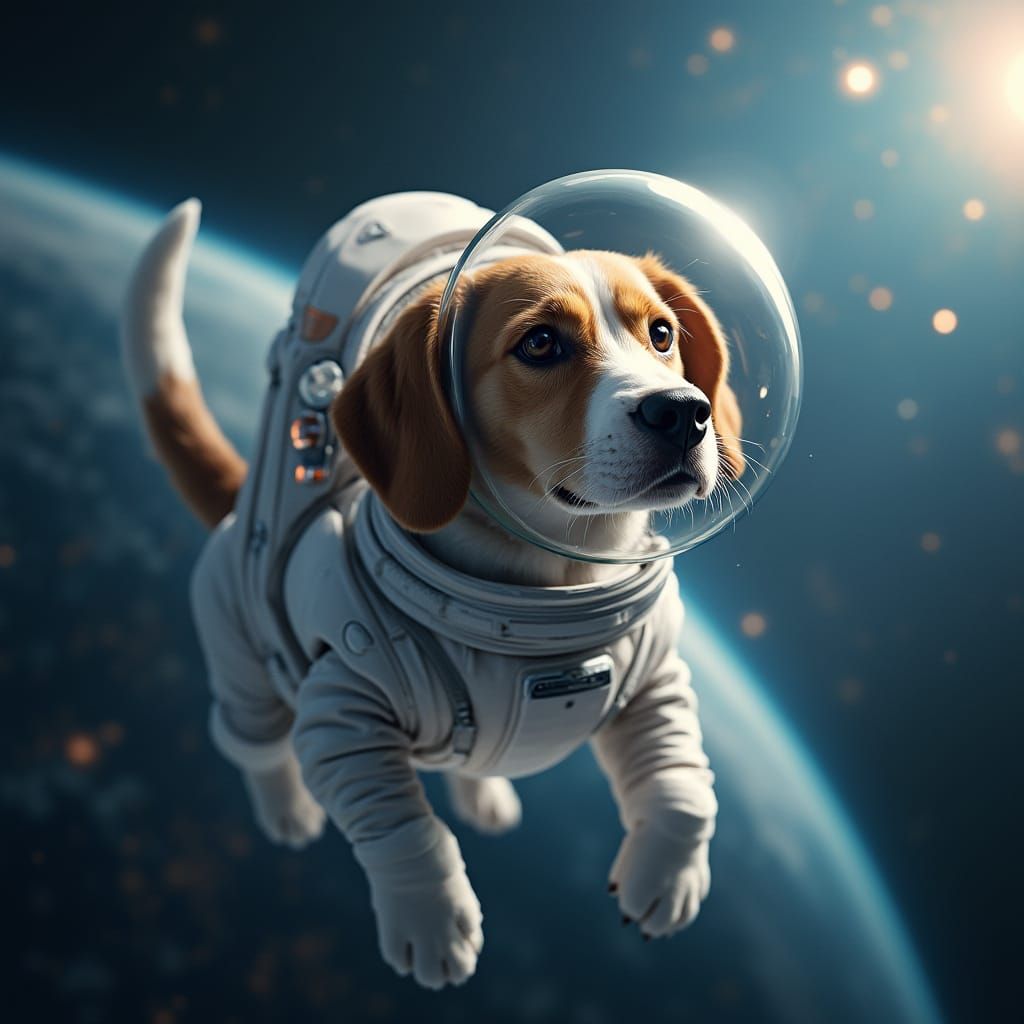 Futuristic Beagle Astronaut Floats in Space
