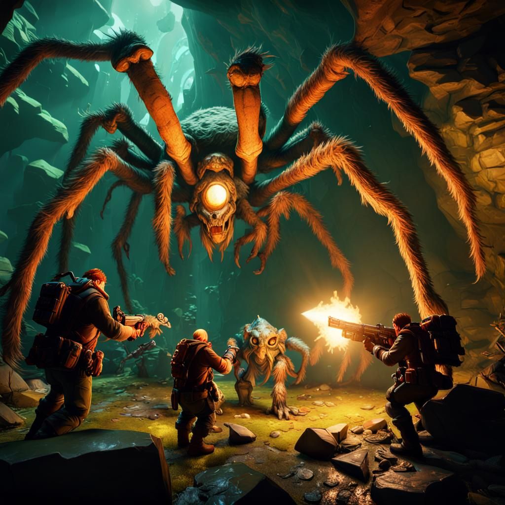 Dwarves Battle Giant Spider in a Green-Lit Cave
