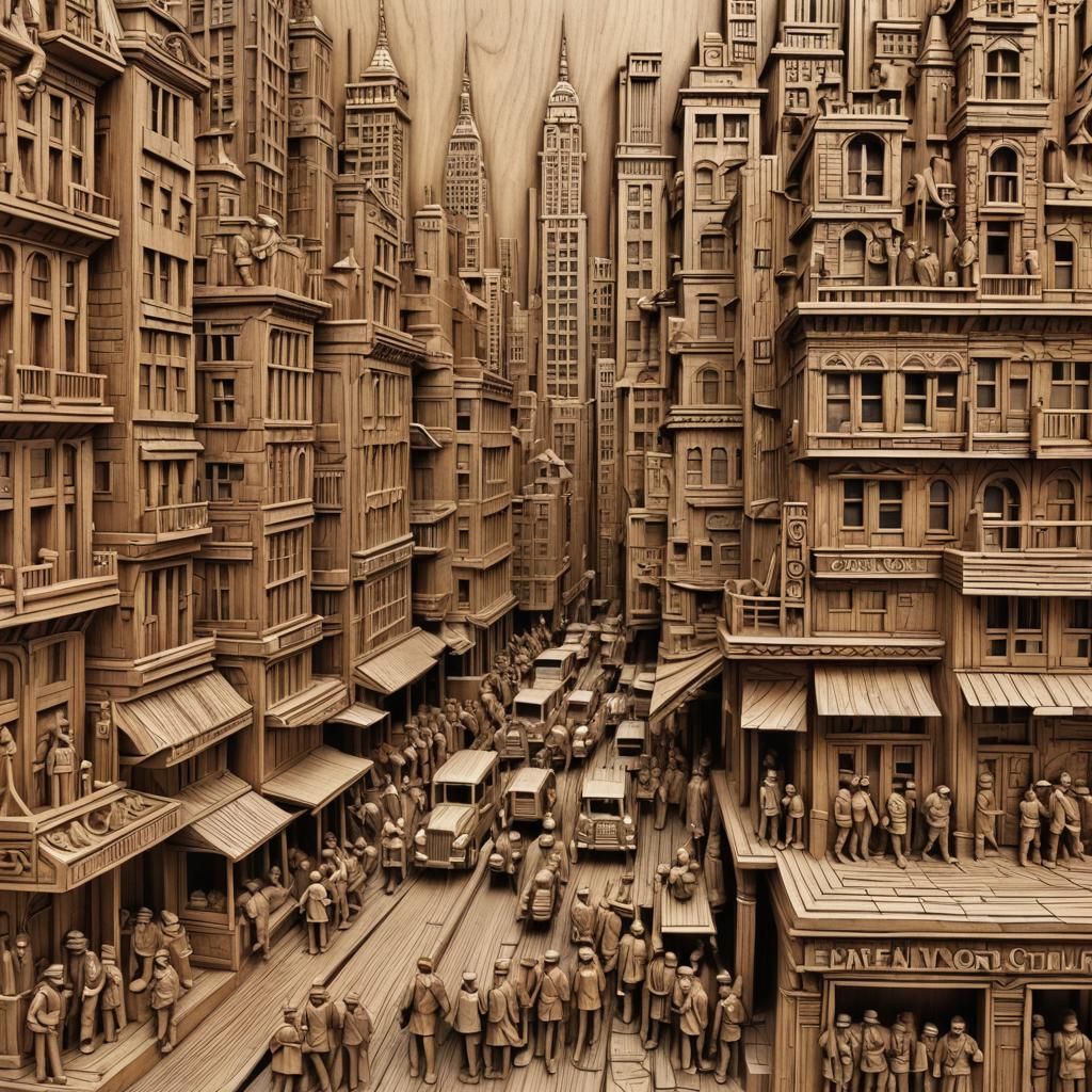 NYC Scene in Detailed Wood Relief