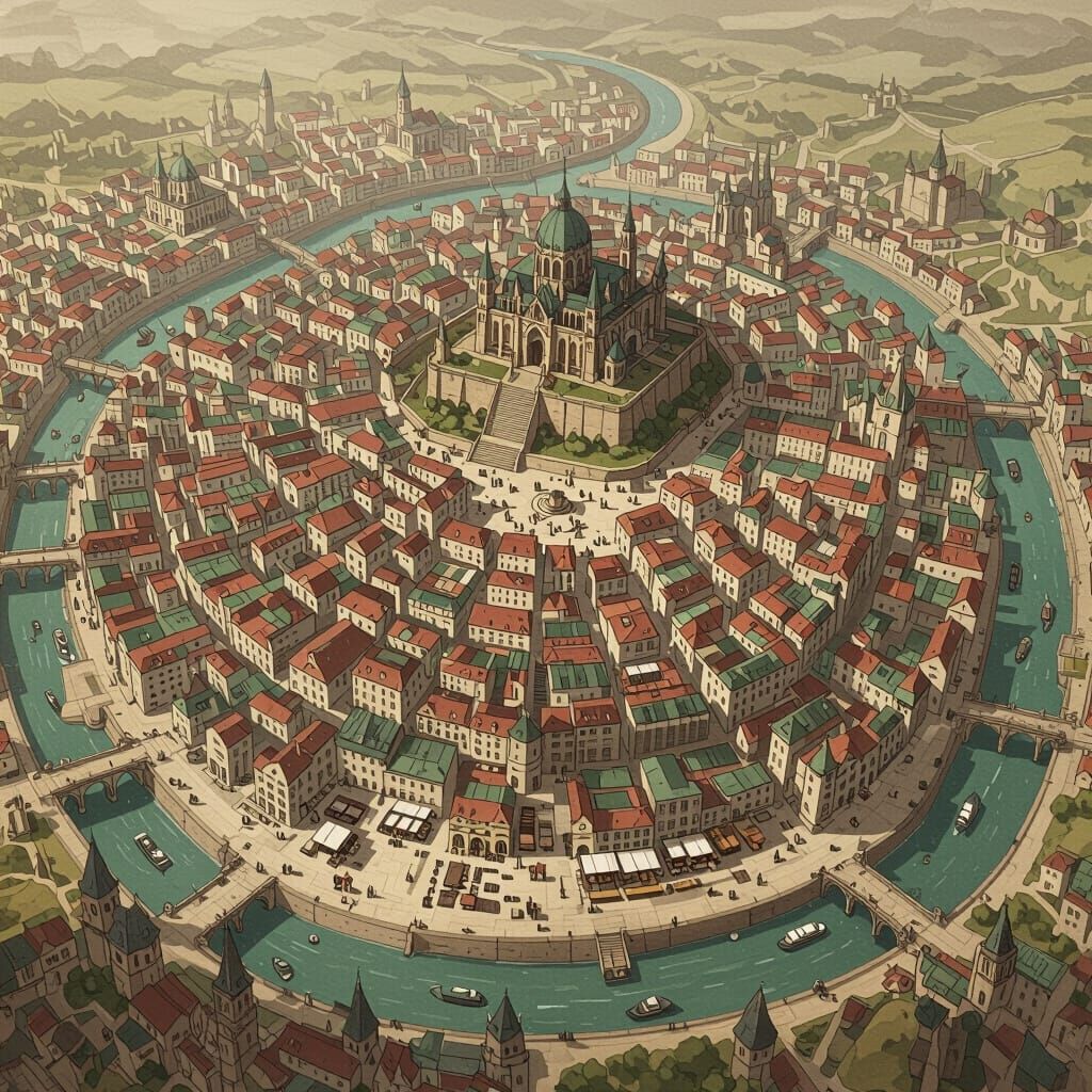 Detailed Fantasy City Map in Muted Tones