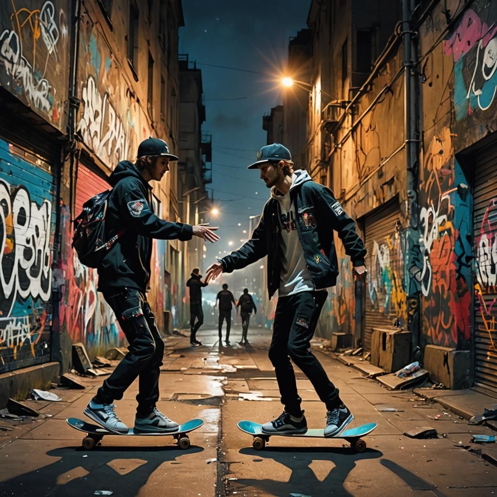 Skateboarders High-Fiving in Graffiti Ruins at Night
