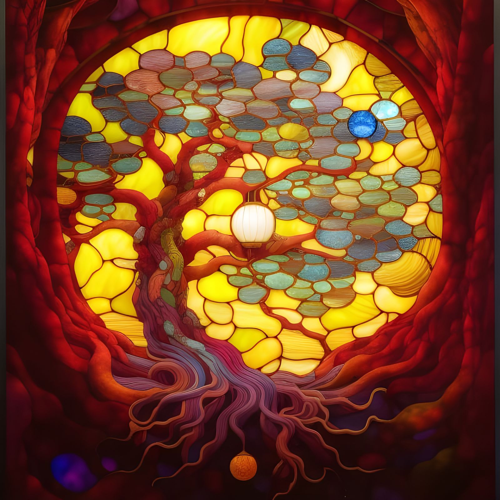 Stained Glass Window of Ancient Tree in Sinister Style